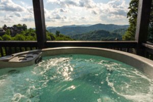 Hot tub and sauna Hatley Pointe view from Wolf and Wander deck