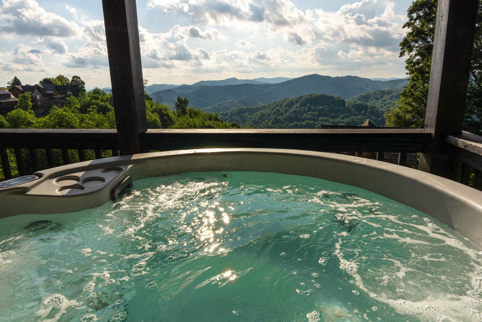 Hot tub and sauna Hatley Pointe view from Wolf and Wander deck