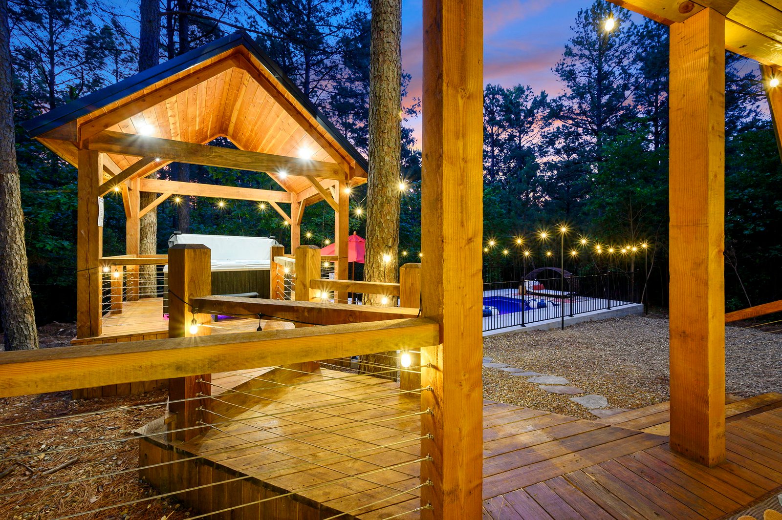 Tahoe in the Pines lit up on a November evening in Broken Bow, Oklahoma