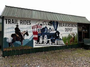 spring getaway in Broken Bow Beavers Bend Depot train and trail rides mural
