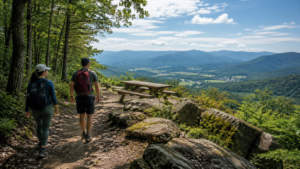 Hikers on a mountain trail with panoramic Blue Ridge Mountain views near Mars Hill NC