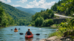 Kayakers on the French Broad River near Mars Hill NC with Blue Ridge Mountain views