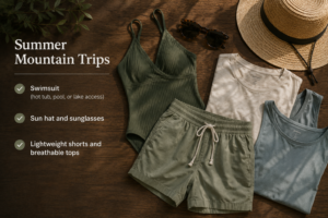 summer mountain cabin trip packing list swimsuit sun hat lightweight clothing