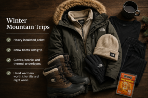 winter mountain cabin trip packing list insulated jacket snow boots gloves beanie
