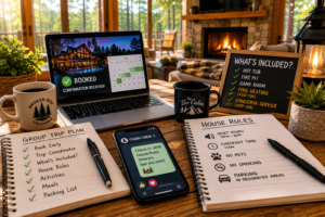 Group trip planning checklist for booking a large group cabin in Broken Bow Oklahoma