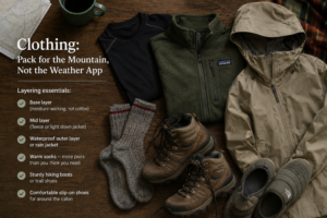 mountain cabin trip clothing packing list layering essentials hiking boots
