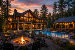 Cabins in Broken Bow for large groups with pool and fire pit at sunset
