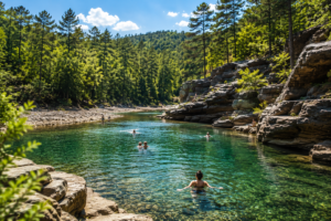 swimming holes near Broken Bow OK with clear turquoise water surrounded by pine trees and rocky bluffs