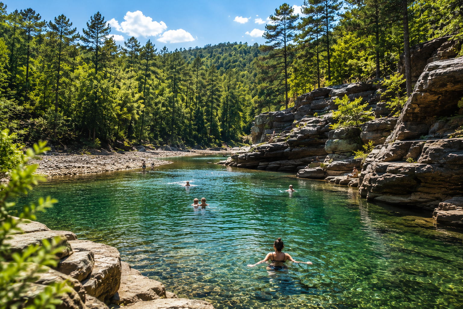 swimming holes near Broken Bow OK with clear turquoise water surrounded by pine trees and rocky bluffs
