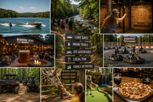 Things to do in Broken Bow for large groups including lake days, hiking, axe throwing, and ATV trails