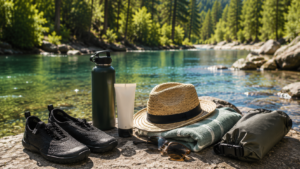 what to pack for swimming holes near Broken Bow OK - water shoes sunscreen hat and towel by the river