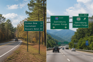 Scenic driving routes to Broken Bow, Oklahoma, and Gatlinburg, Tennessee, comparing road access and travel convenience.
