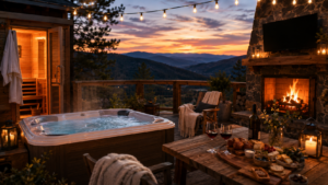 Outdoor hot tub and fireplace deck at sunset near Hatley Pointe
