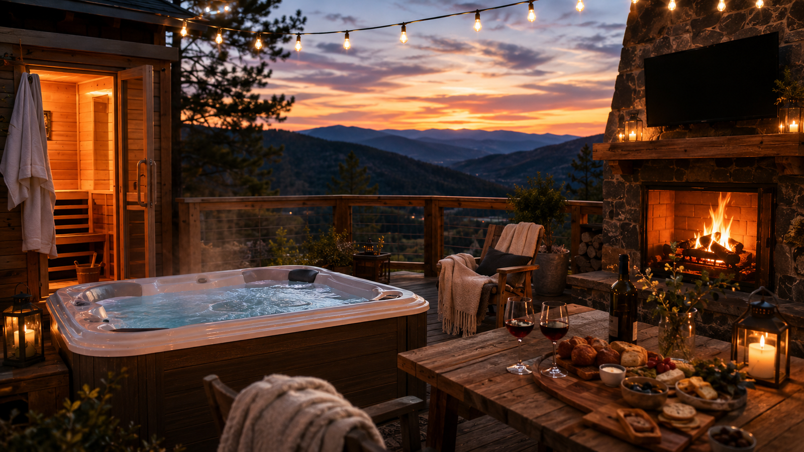 Outdoor hot tub and fireplace deck at sunset near Hatley Pointe