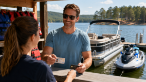 Renter showing ID at marina counter to rent a boat on Broken Bow Lake