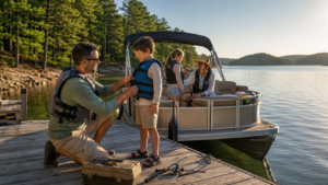 Father fitting a life jacket on his son before boating on Broken Bow Lake