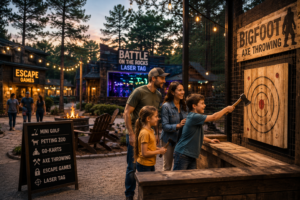 Family enjoying axe throwing near escape games and laser tag in Hochatown, Oklahoma.
