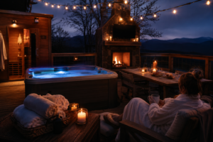 Hot tub and sauna Hatley Pointe evening with fireplace