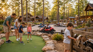 Family activities in Broken Bow featuring mini golf, go-karts, and animal encounters in Hochatown.