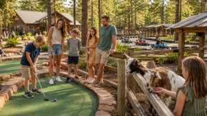 Family enjoying mini golf and animal encounters in Hochatown near Broken Bow, Oklahoma.