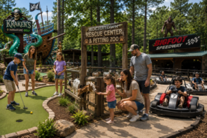 Family activities in Broken Bow including mini golf, animal encounters, and go-karts