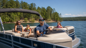 Family enjoying a pontoon boat ride on Broken Bow Lake, Oklahoma