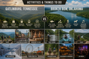 Side-by-side comparison of Gatlinburg and Broken Bow activities, including hiking, skiing, shopping, trout fishing, kayaking, horseback riding, dining, and live music.