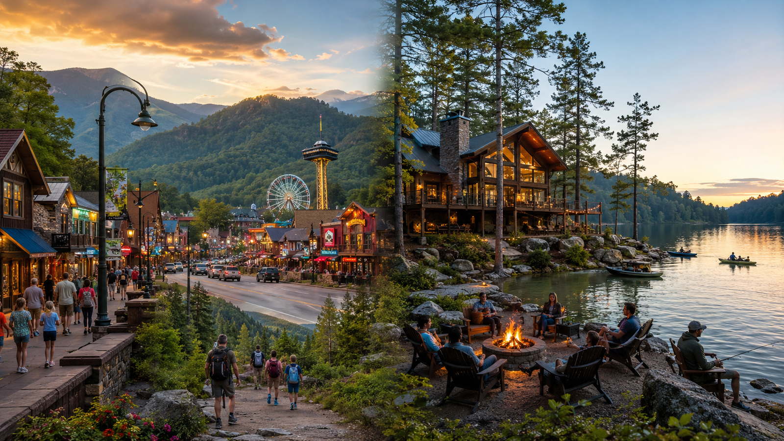 Hero image comparing Gatlinburg and Broken Bow with mountain-town scenery, cabins, hiking, lake views, and a cozy outdoor firepit.