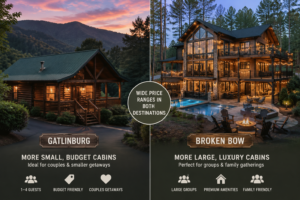 Side-by-side comparison of a small Gatlinburg cabin and a large luxury Broken Bow cabin, showing differences in rental inventory and guest capacity.