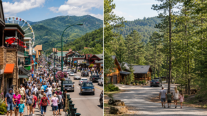 Side-by-side view of busy downtown Gatlinburg and the quieter cabin setting of Broken Bow, showing the difference in crowds and atmosphere.