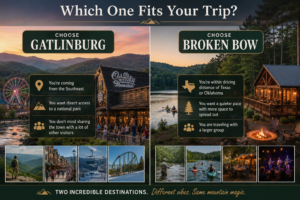 Side-by-side travel comparison showing who should choose Gatlinburg or Broken Bow based on location, crowds, national park access, group size, and vacation style.