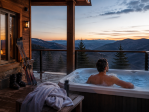 Hot tub and sauna Hatley Pointe sunset view after skiing