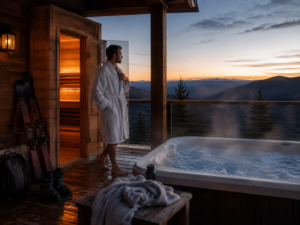 Sauna and hot tub Hatley Pointe deck at sunset
