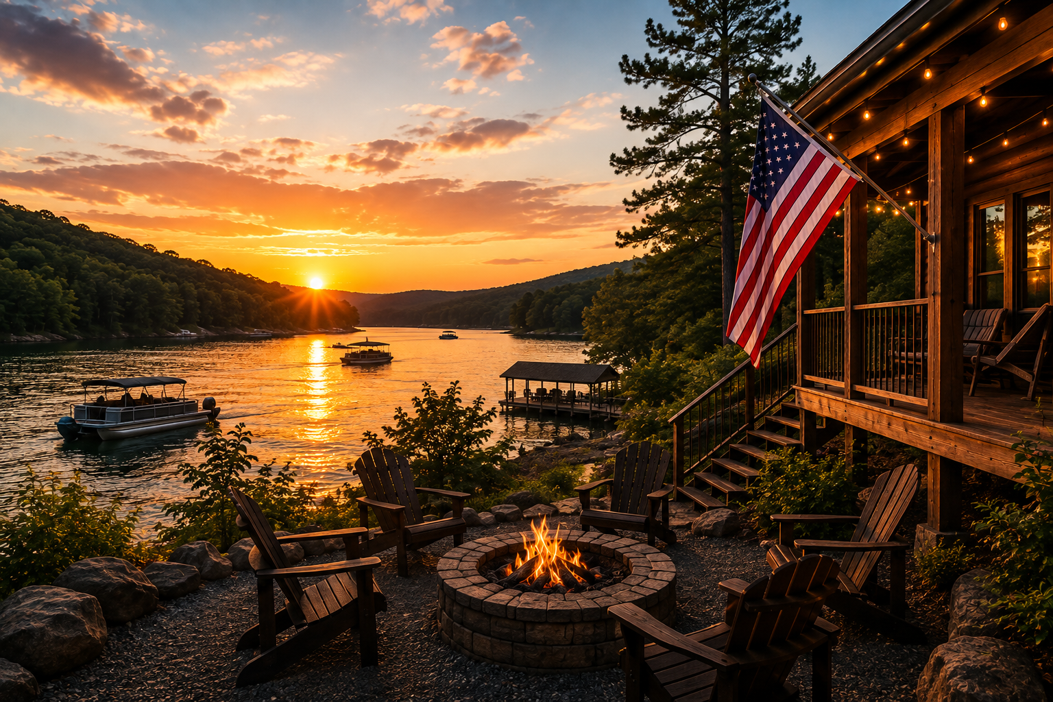 Labor Day weekend in Broken Bow Oklahoma with Broken Bow Lake, boats, a lakeside cabin and fire pit at sunset