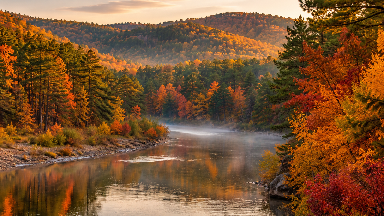 Fall foliage in Broken Bow, Oklahoma along the Mountain Fork River in Beavers Bend State Park.
